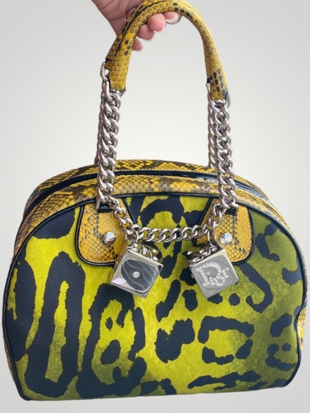 Christian Dior Green Leopard Print and Yellow Snakeskin Gambler Bag